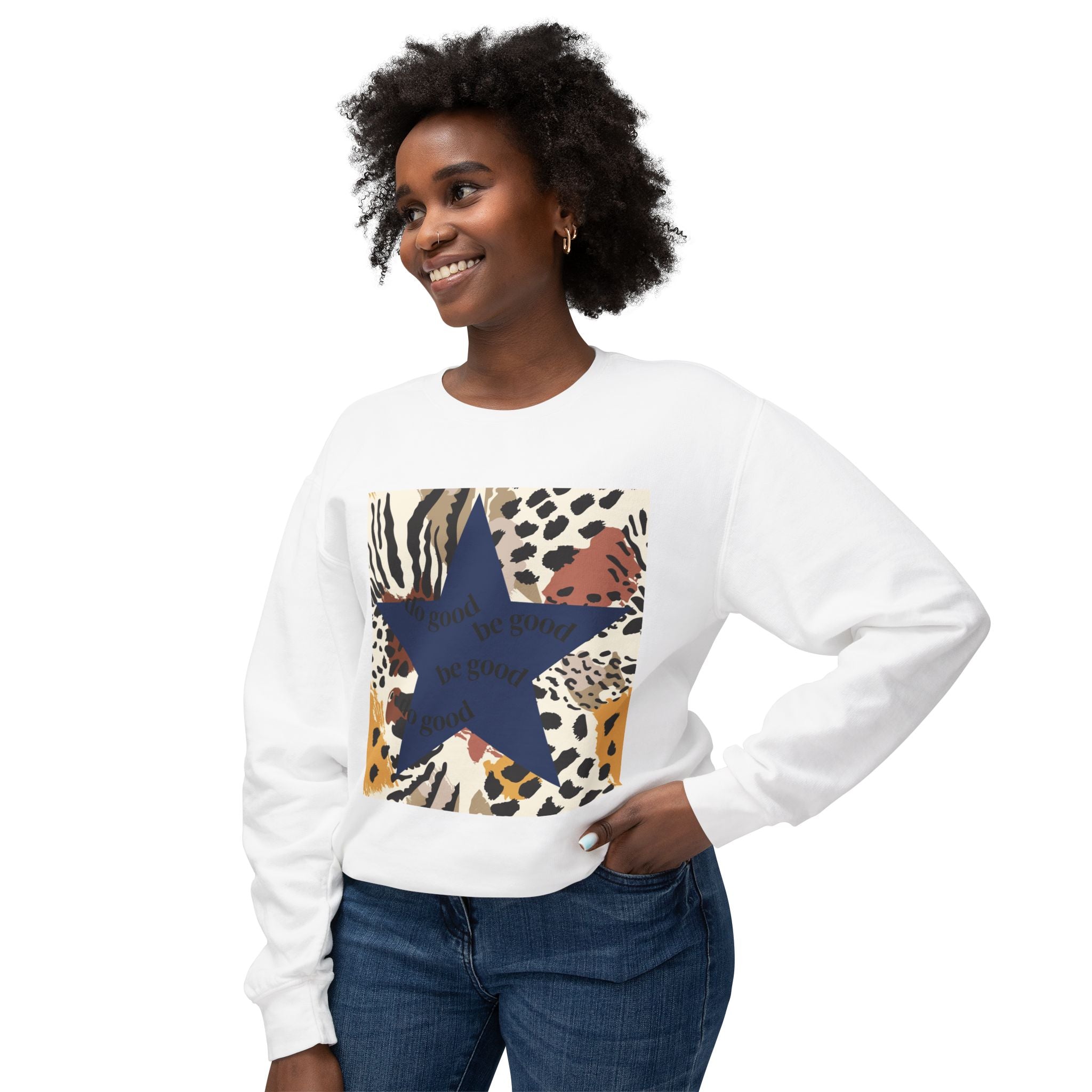 Animal Print Star Crewneck Sweatshirt – 'We Grow We Glow' Inspirational Graphic