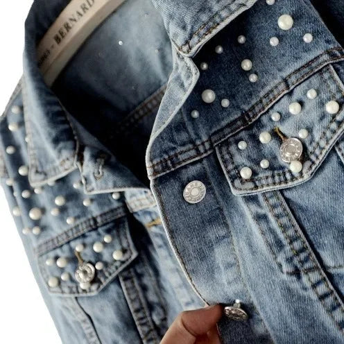 Chic Pearl Cropped Denim Jacket